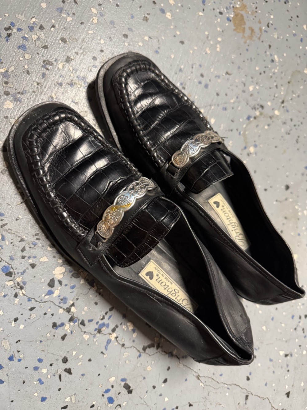 Brighton Women’s  Black Croc-Embossed Leather Loafers with Silver-Tone Bit